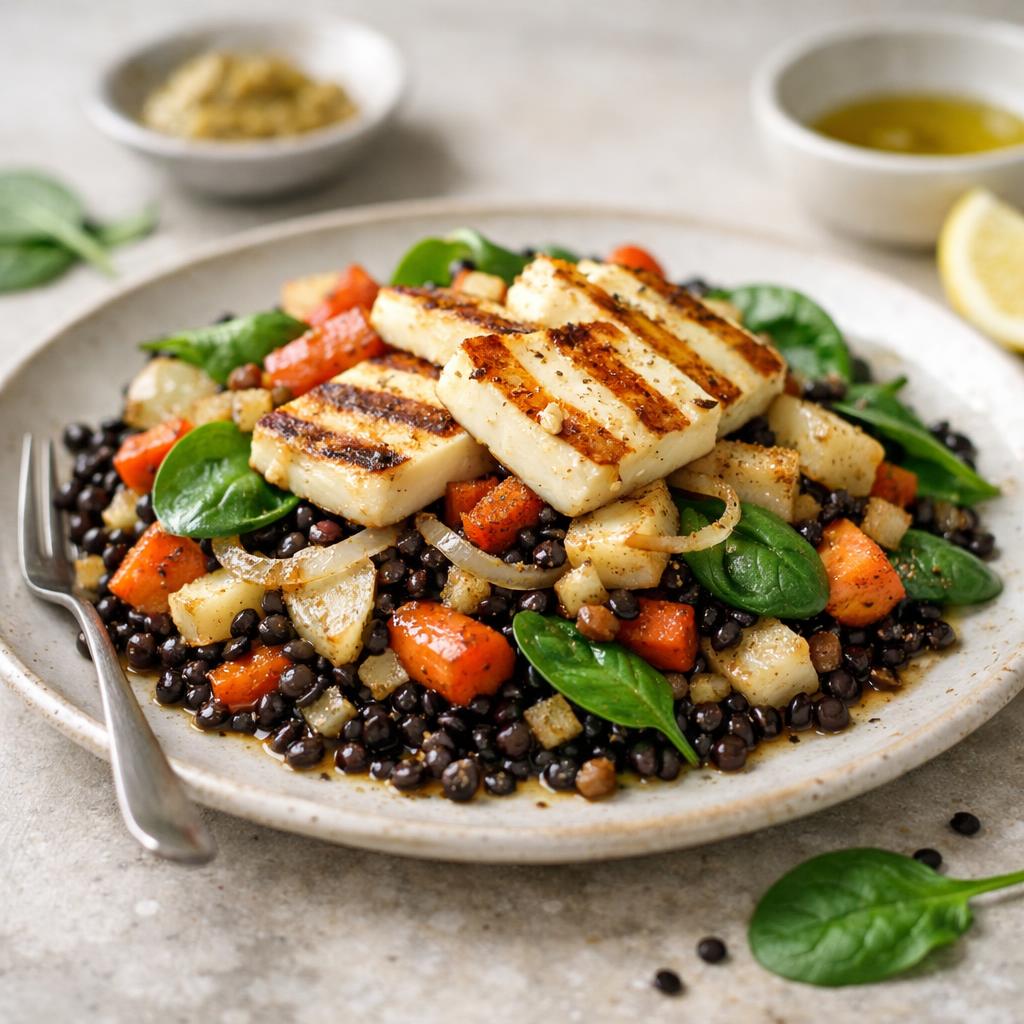 Teplý čočkový salát s pečenou kořenovou zeleninou a sýrem halloumi