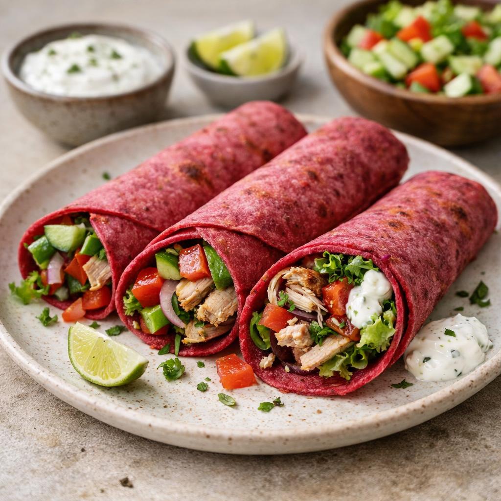 Domáce cviklové tortily plnené morčacím mäsom