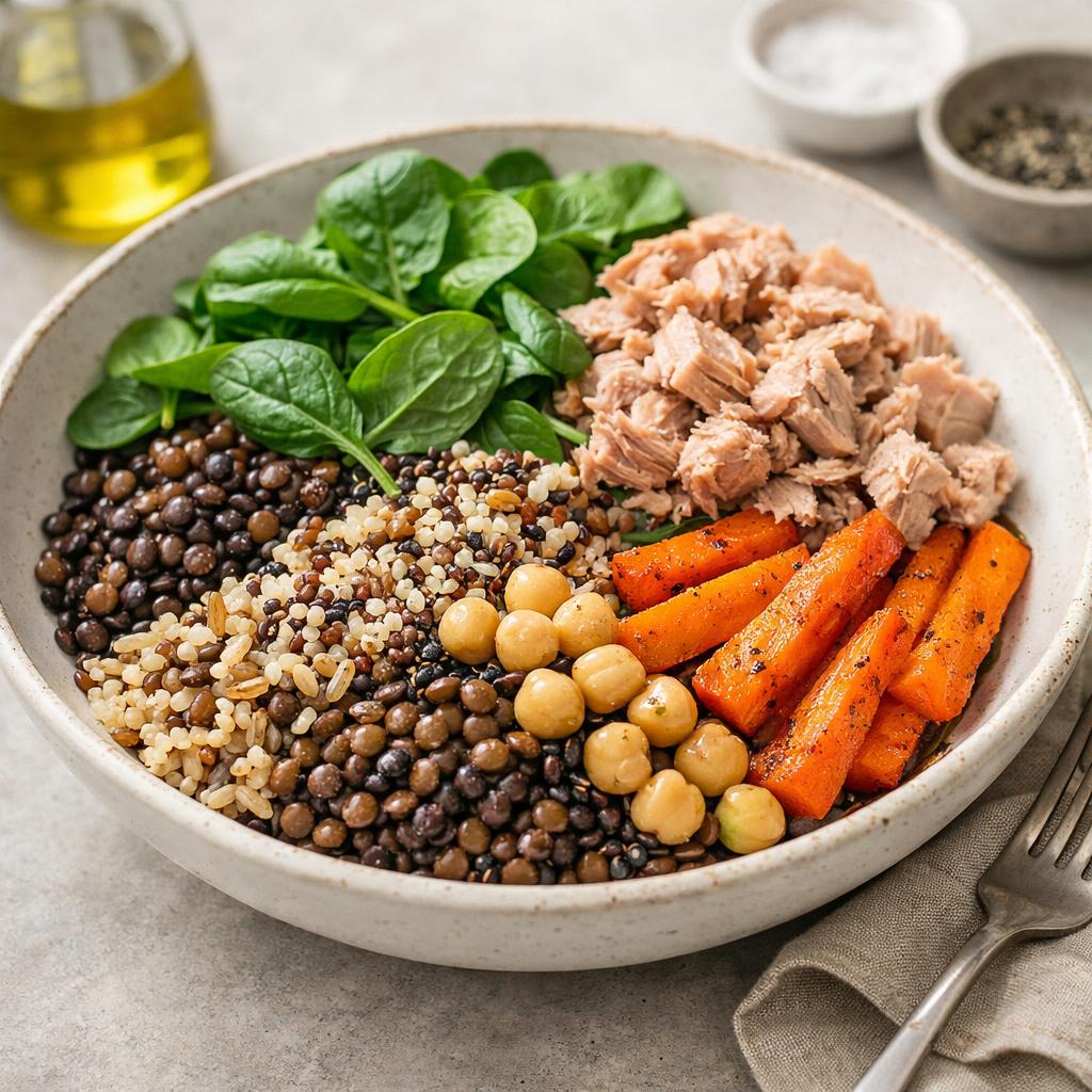 Cícerovo-čoškovoý salát s obilninami, tuňákem a špenátem