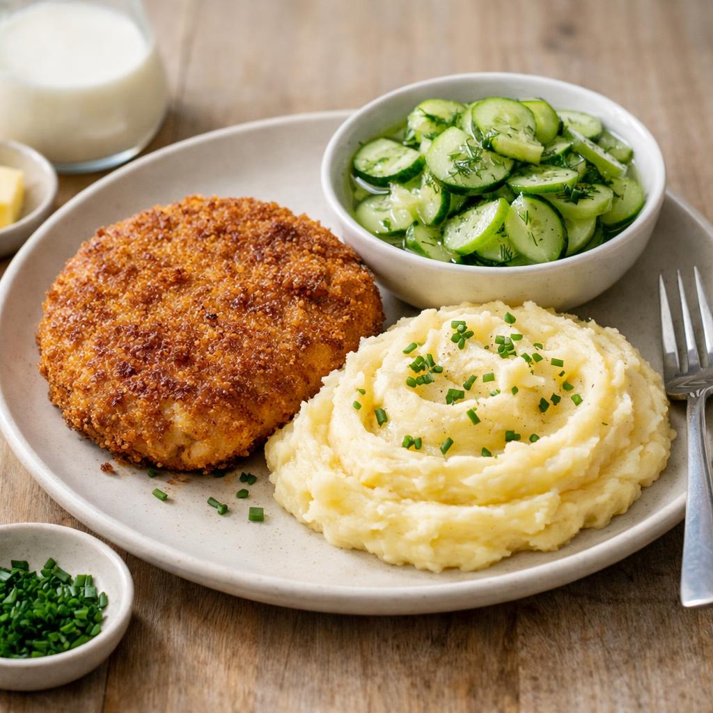 Holandský řízek s bramborovou kaší a okurkovým salátem