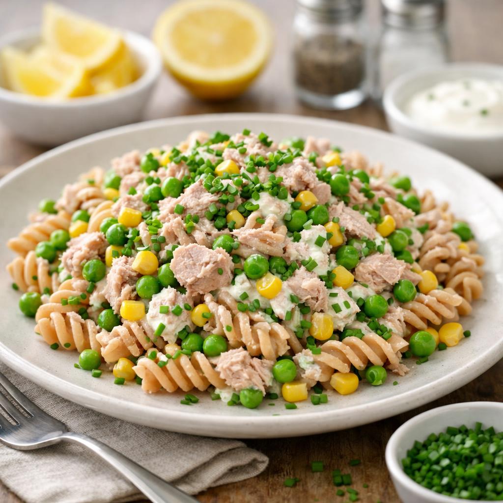 Těstovinový salát s tuňákem, kukuřicí a hráškem