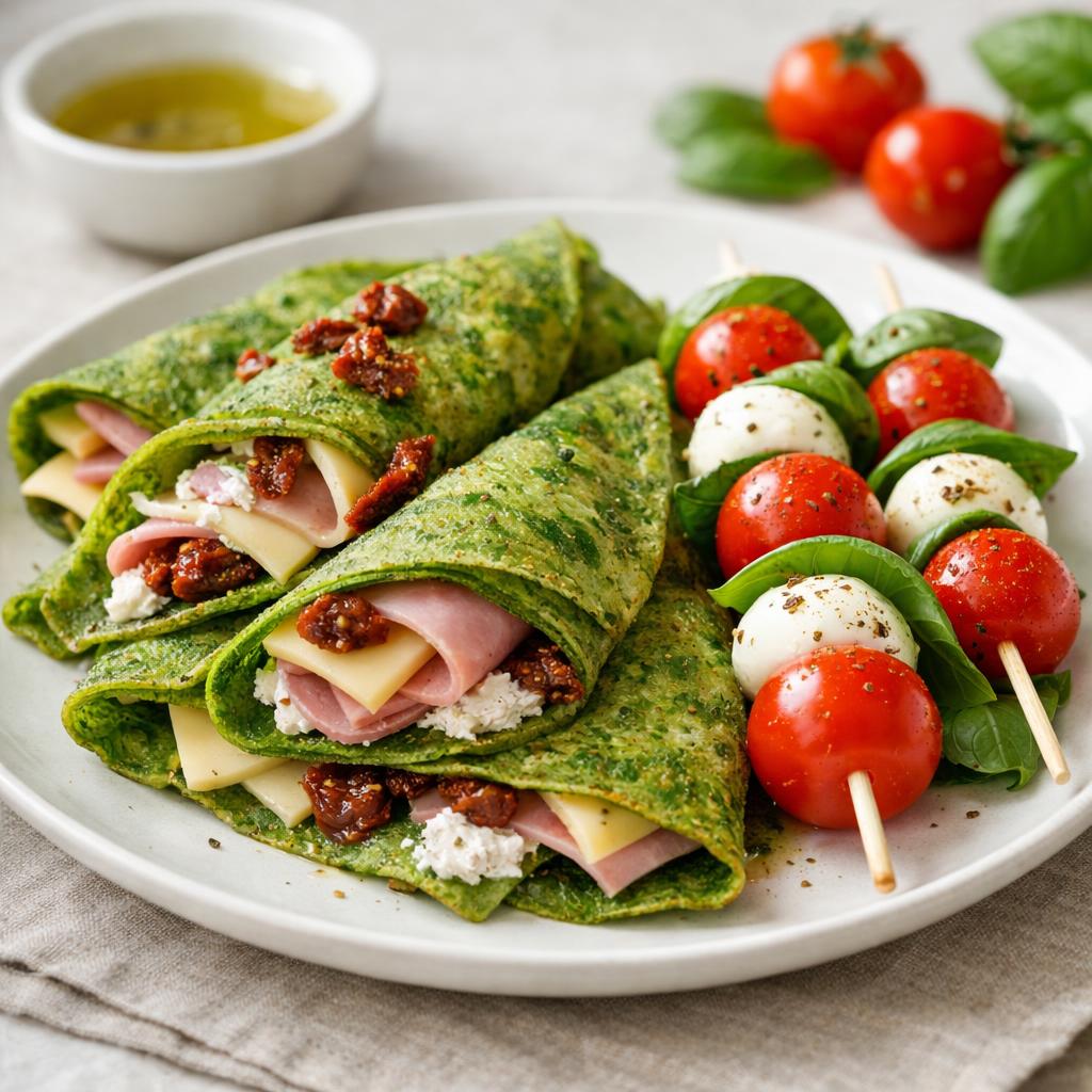 Špenátové palačinky a caprese špíz