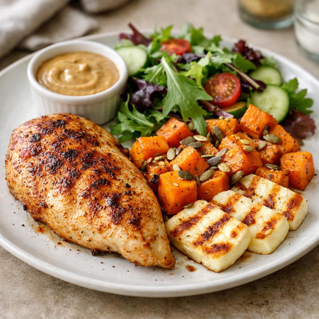 Kuřecí steak s batáty a sýrem halloumi