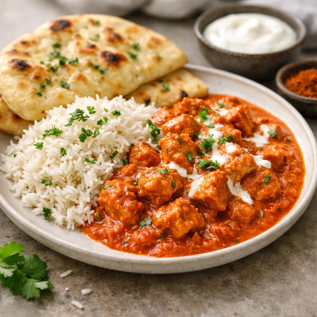 Butter chicken s chlebem naan a rýží