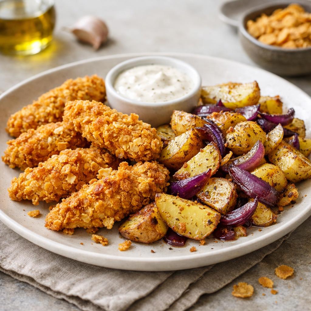 Kuřecí řízečky v cornflakes s pečenými bramborami s cibulí