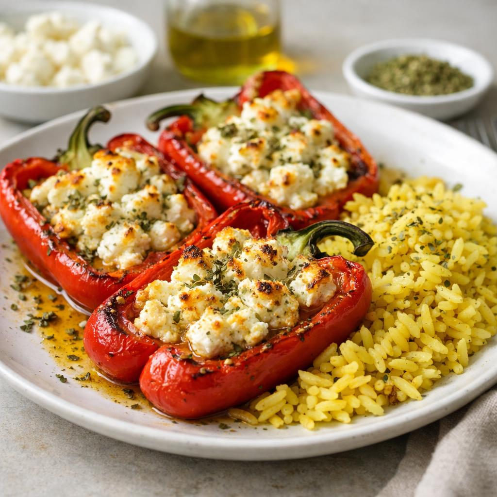 Zapečené papriky s balkánským sýrem a kari rýží