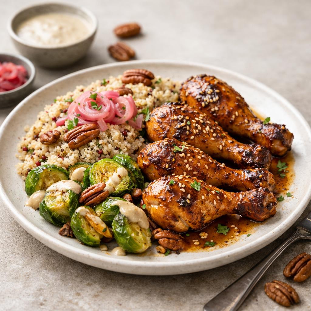 Quinoa s medovými kuřecími paličkami a růžičkovou kapustou