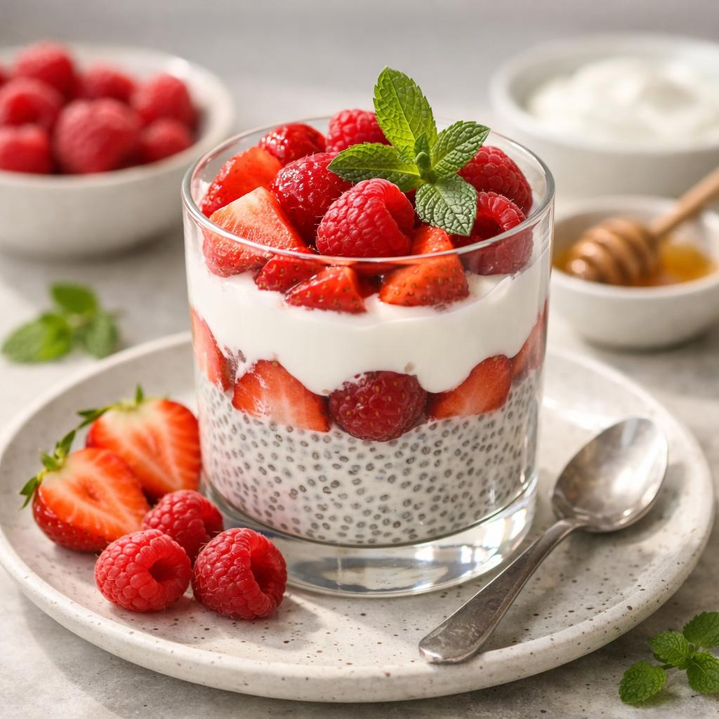Chia pudink s jogurtem, jahodami a malinami