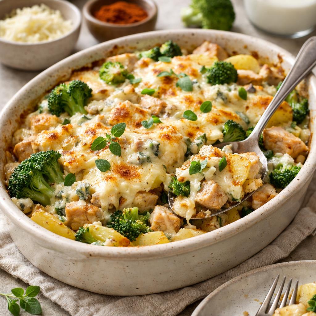 Zapečené brambory s krůtím masem, brokolicí a nivou