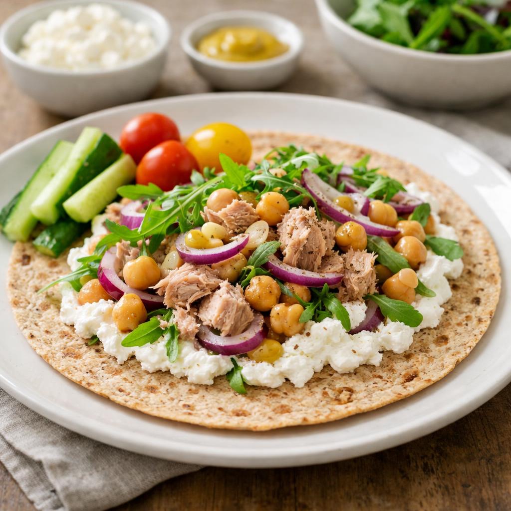 Tortilla s tuňákem, cottagem a cizrnou