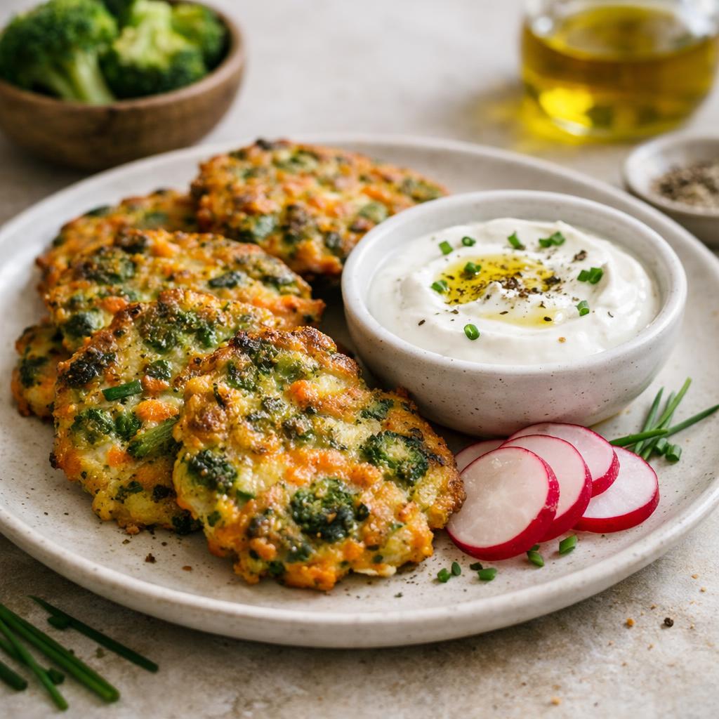 Mrkvovo-brokolicové placky so syrom a s jogurtovým dipom