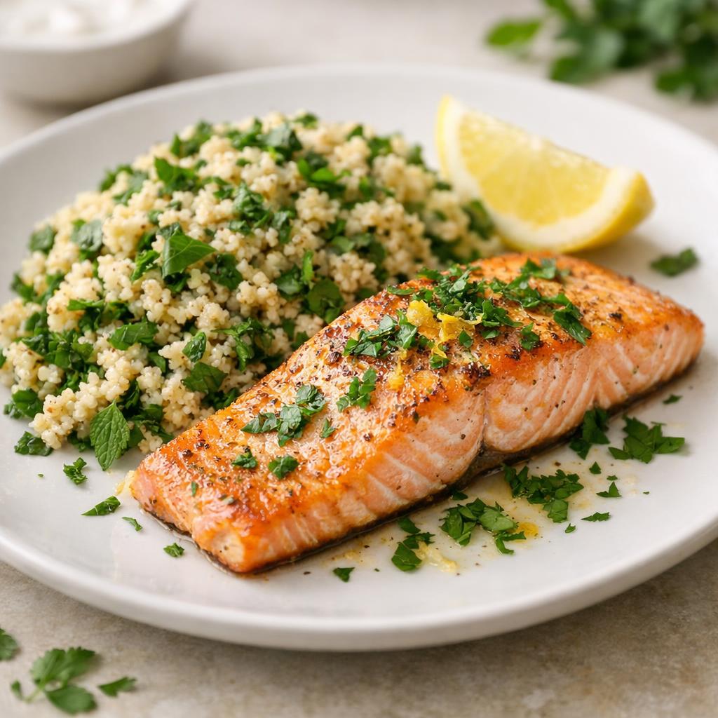 Pečený losos s bylinkovým celozrnným kuskusem