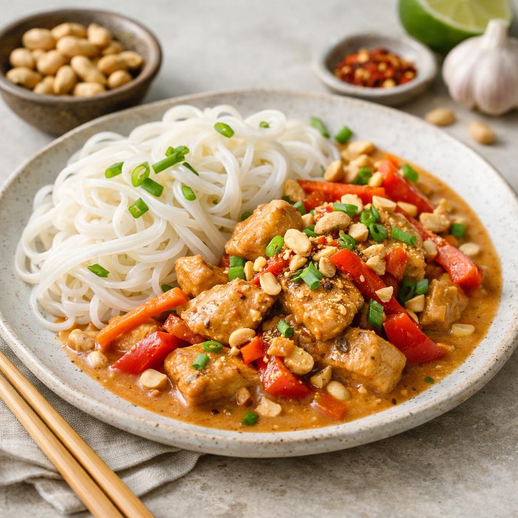 Krůtí v arašídové omáčce s rýžovými nudlemi