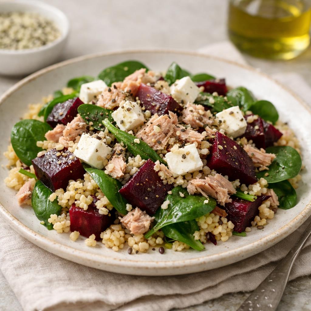 Bulgurový šalát s tuniakom, baby špenátom, cviklou a feta syrom